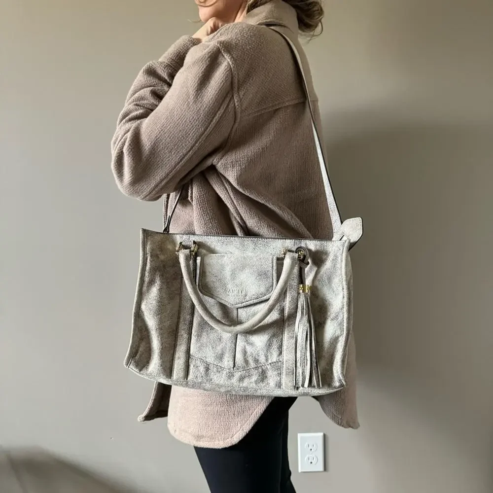AIMEE KESTENBERG GRAY/ IRIDESCENT ROSE GOLD HESTON SATCHEL W/ GOLD HARDWARE - Picture 15 of 16